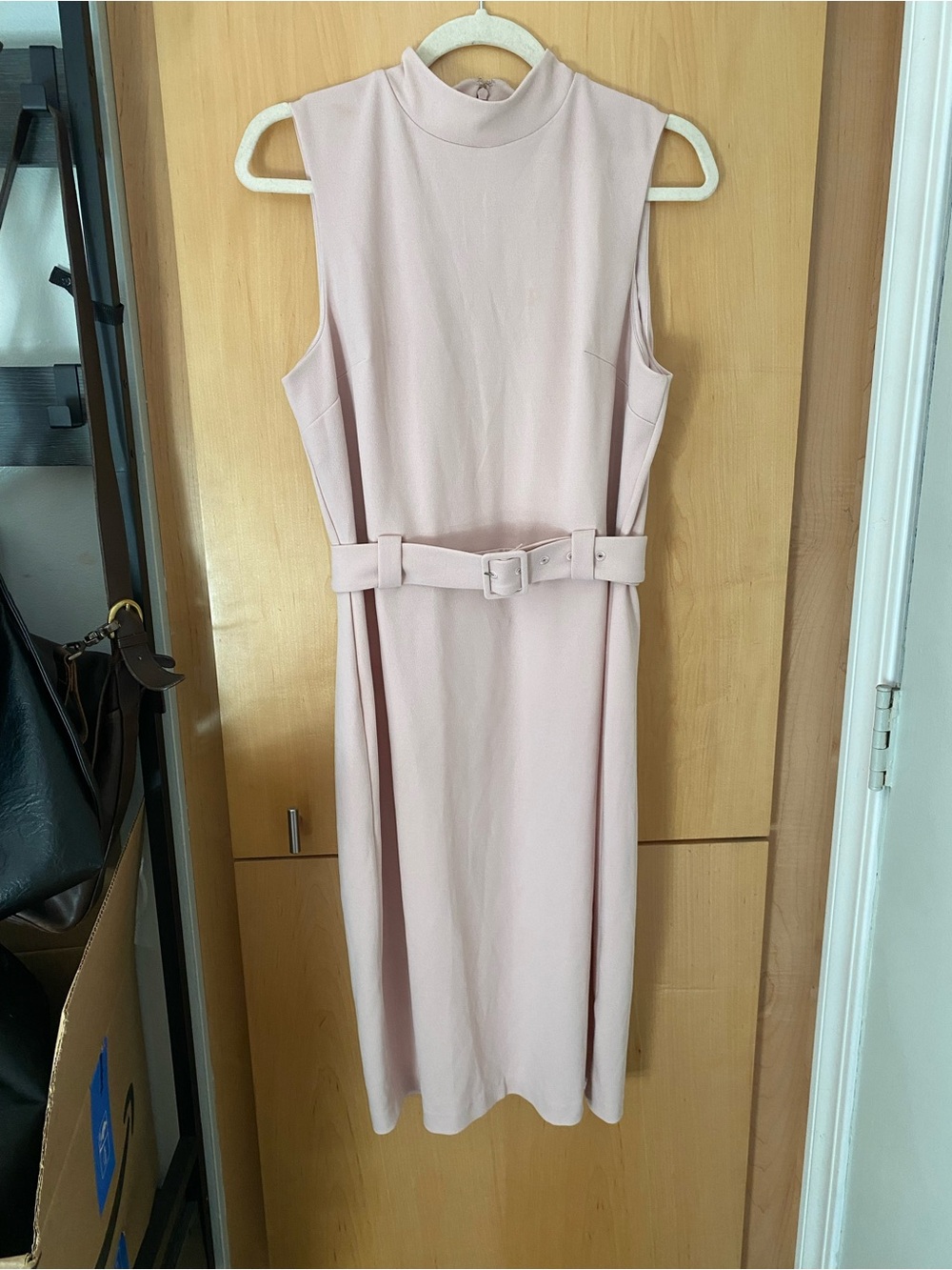 NWOT Express Sleeveless Mock Neck Blush Pink Belted Midi Sheath Dress